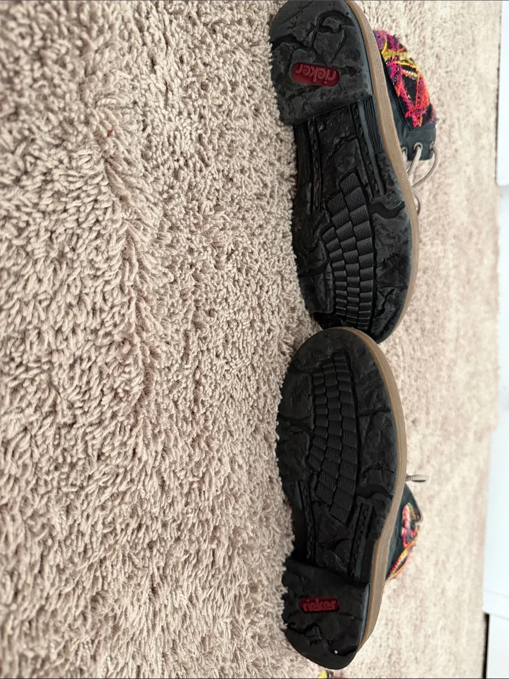 Rieker Black Ankle Boots with Multicolor Knit Collar and Laces